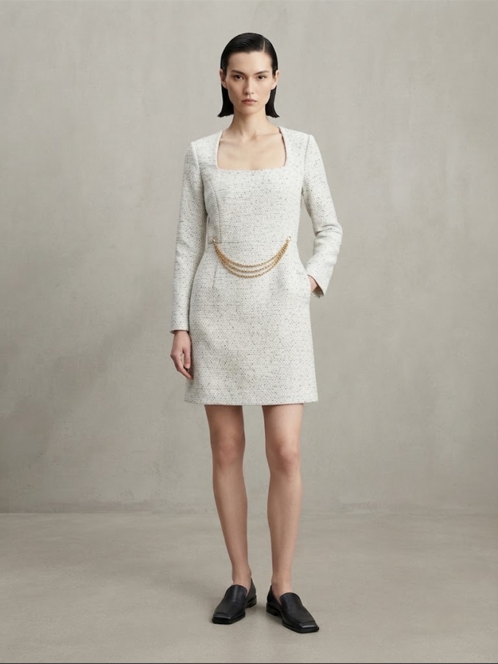 DONNA KARAN White & Black Tweed Long Sleeve Dress Size 14 NWT